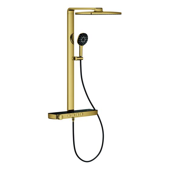 Grohe Aqua Pure Rainshower Duschsystem eckig Cool Sunrise 15l/min, mit Kopfbrause und Thermostatbatterie zur Wandmontage