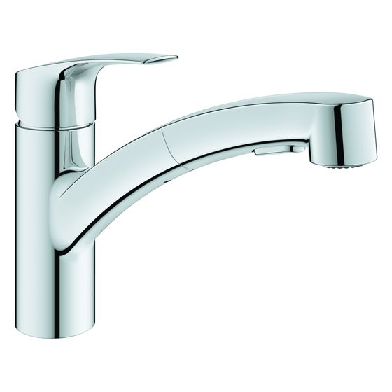 Grohe Eurosmart Einhand-Spültischbatterie, Vor-Fenster-Montage, flacher Auslauf, herausziehbare Dual-Spülbrause, Chrom