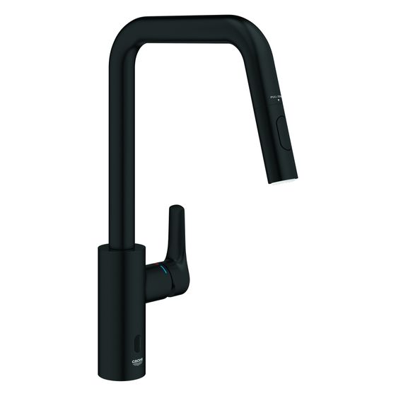 Grohe Eurosmart Hybrid-Einhand-Spültischbatterie 1-Loch-Montage, ausziehbarer Auslauf schwenkbar, Dual-Strahl, Mattschwarz