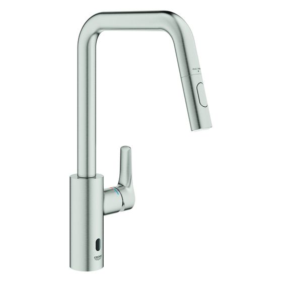 Grohe Eurosmart Hybrid-Einhand-Spültischbatterie 1-Loch-Montage, ausziehbarer Auslauf schwenkbar, Dual-Strahl, Supersteel