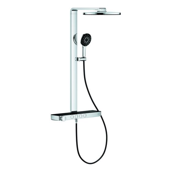 Grohe Aqua Pure Rainshower Duschsystem rund Supersteel 15l/min, mit Kopfbrause und Thermostatbatterie zur Wandmontage