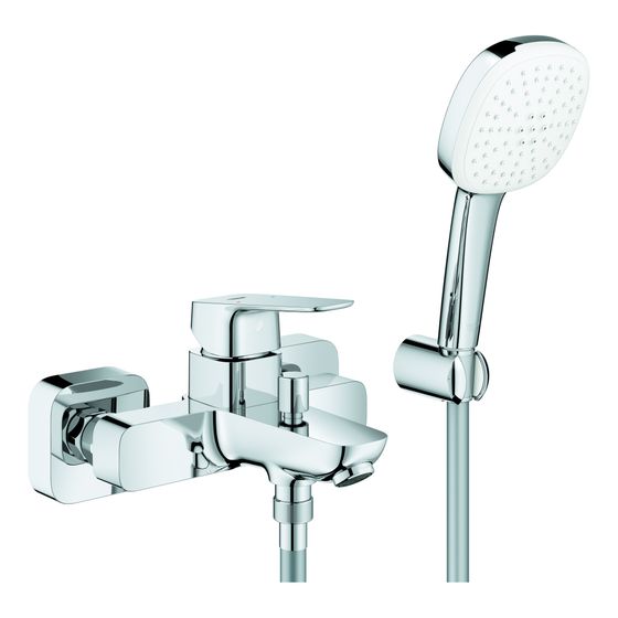 Grohe Cubeo Einhand-Wannenbatterie Chrom, Wandmontage mit Tempesta 110 Cube Wandhalterset, S-Anschlüsse und Wandrosette