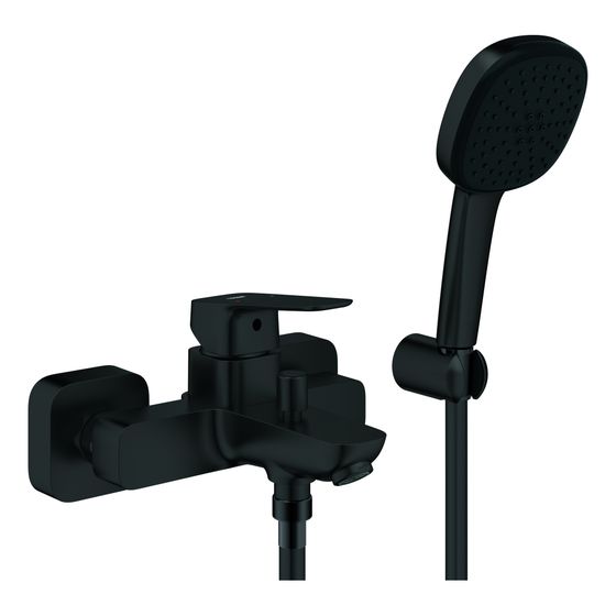 Grohe Cubeo Einhand-Wannenbatterie Mattschwarz, Wandmontage mit Tempesta 110 Cube Wandhalterset, S-Anschlüsse und Wandrosette
