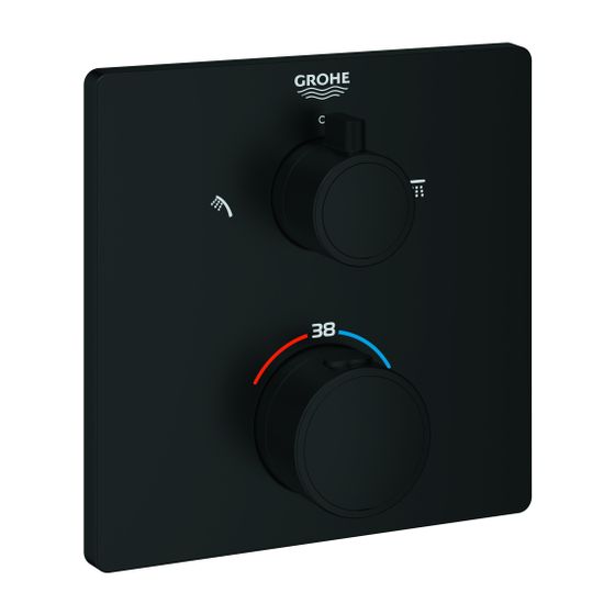 Grohe Grohtherm Thermostat-Brausebatterie, eckig, Mattschwarz, mit integrierter 2-Wege-Umstellung, Fertigmontageset Rapido