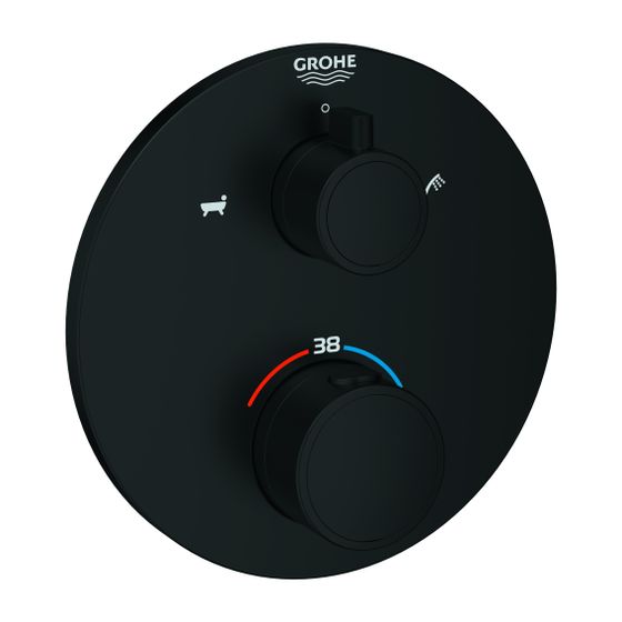 Grohe Grohtherm Thermostat-Wannenbatterie, rund, Mattschwarz, mit integrierter 2-Wege-Umstellung, Fertigmontageset Rapido