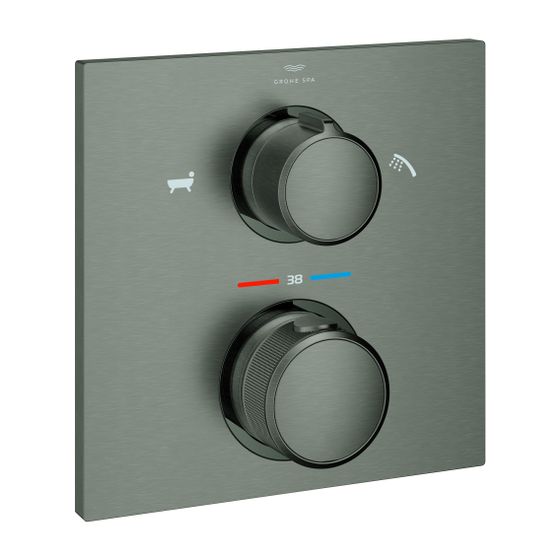 Grohe Allure Thermostat-Wannenbatterie, Hard Graphite gebürstet, integrierte 2-Wege-Umstellung, Fertigmontageset