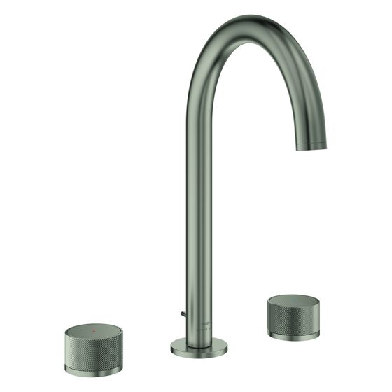 Grohe Atrio Private Collection 3-Loch-Waschtischbatterie, Knopfbetätigung, Zugstangen-Ablaufgarnitur, Satin Steel, 20595MS0