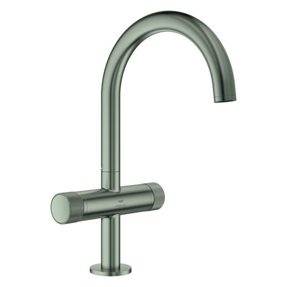 Grohe Atrio Private Collection Waschtisch-Einlochbatterie, L-Size, Knopfbetätigung, Push-open-Ablaufgarnitur, Satin Steel