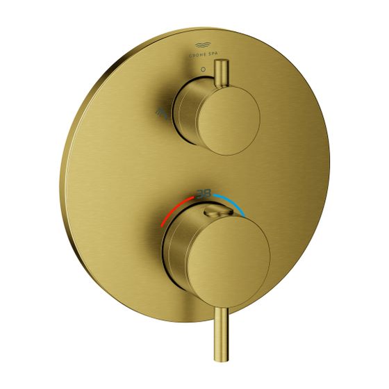 Grohe Atrio Thermostat-Brausebatterie Cool Sunrise gebürstet, mit integrierter 2-Wege-Umstellung, Fertigset für Rapido SmartBox
