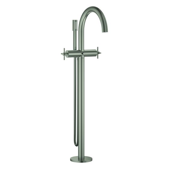 Grohe Atrio Wannenbatterie, Bodenmontage, FMS für 45 984, eigensicher, mit Kreuzgriffen, Handbrauseset, Satin Steel, 25272MS0
