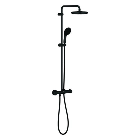 Grohe Tempesta System 210 Duschsystem Wandmontage mit Thermostat und Kopfbrause, 390mm Brausearm, Strahlart Rain, Mattschwarz