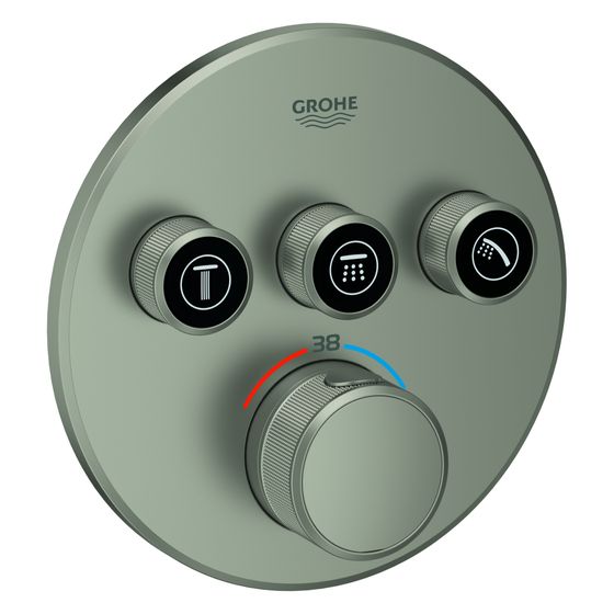 Grohe Grohtherm SmartControl Thermostat, rund, Fertigmontageset für Rapido SmartBox, 3 Absperrventile, Satin Steel, 29121MS0