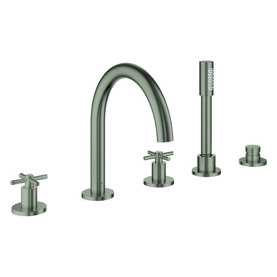 Grohe Atrio 5-Loch-Wannenkombination, Fertigmontageset mit Kreuzgriffen, eigensicher, Satin Steel, 29408MS0