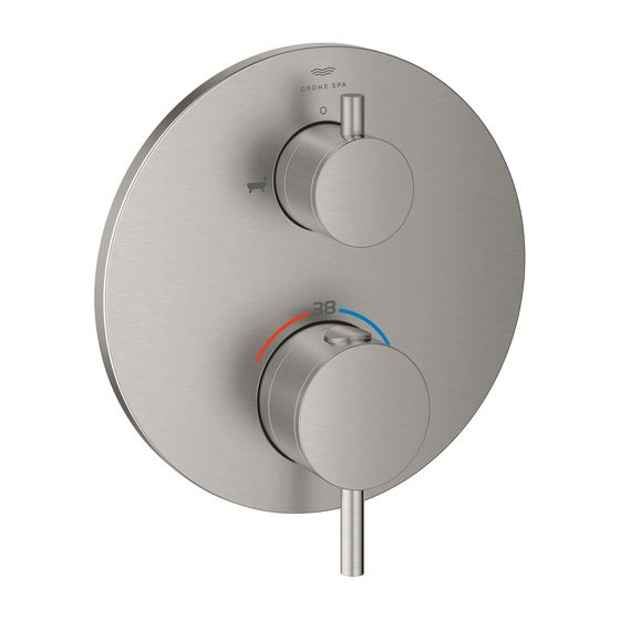 Grohe Atrio Thermostat-Wannenbatterie Supersteel, mit integrierter 2-Wege-Umstellung, Fertigset für Rapido SmartBox