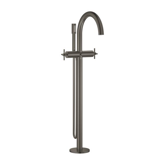 Grohe Atrio Wannenbatterie, Hard Graphite gebürstet, Bodenmontage, Fertigmontageset, mit Kreuzgriffen, mit Handbrauseset
