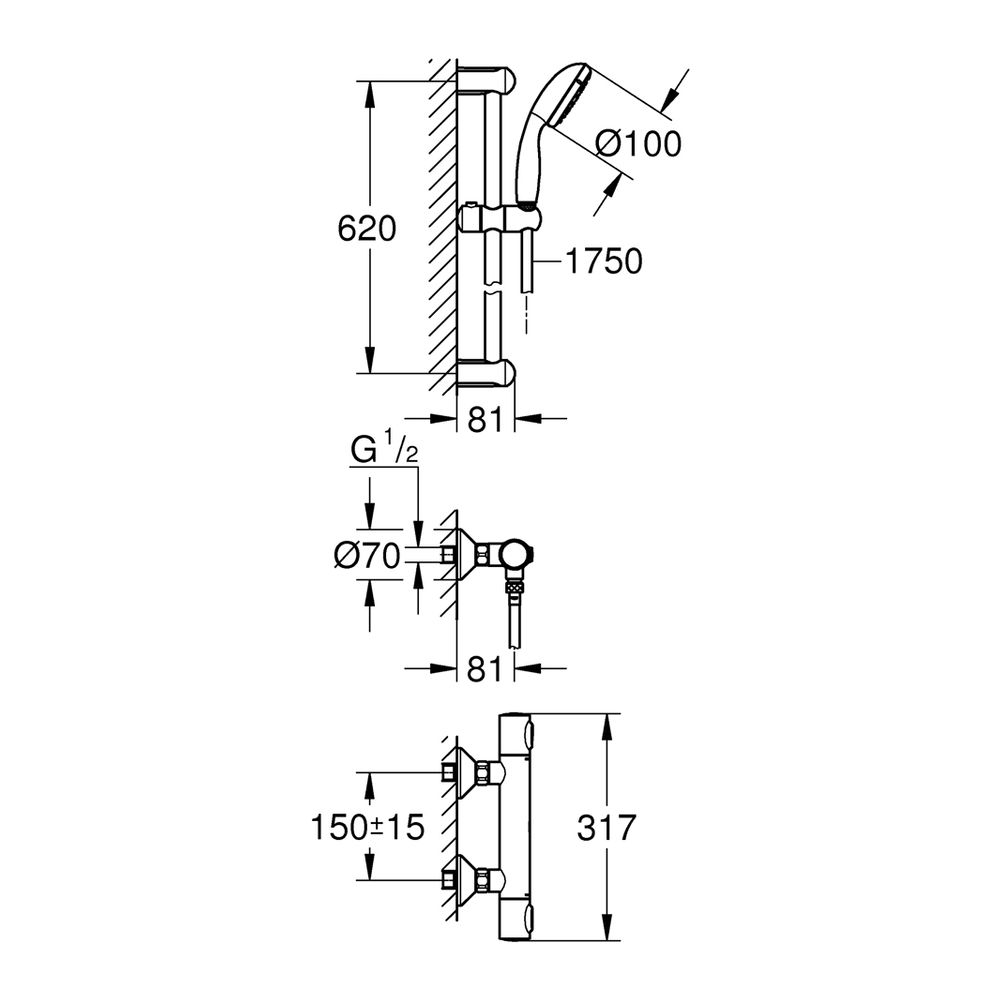 GROHE Precision Flow Thermostat-Brausebatterie 1/2" mit Brausegarnitur 620 mm chrom Qui... GROHE-34841000 4005176728648 (Abb. 7)