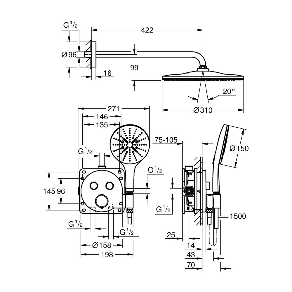 Grohe Precision SmartControl Unterputz Duschsystem Vitalio Rain Mono 310 2 Absperrv. Ha... GROHE-34877000 4005176791390 (Abb. 5)