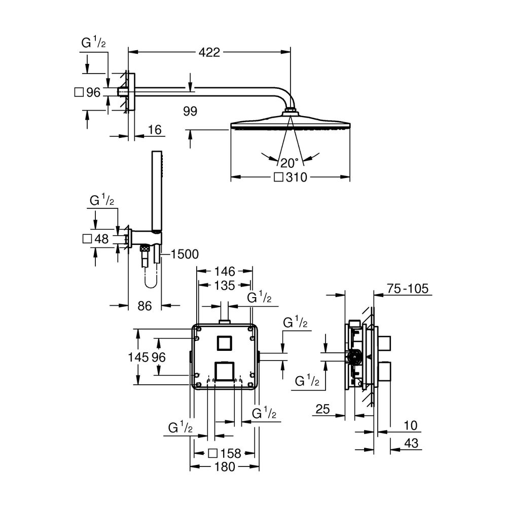 Grohe Precision Cube Unterputz Duschsystem Vitalio Rain Mono 310 Cube eckig Kopfbrause-... GROHE-34879000 4005176791413 (Abb. 5)