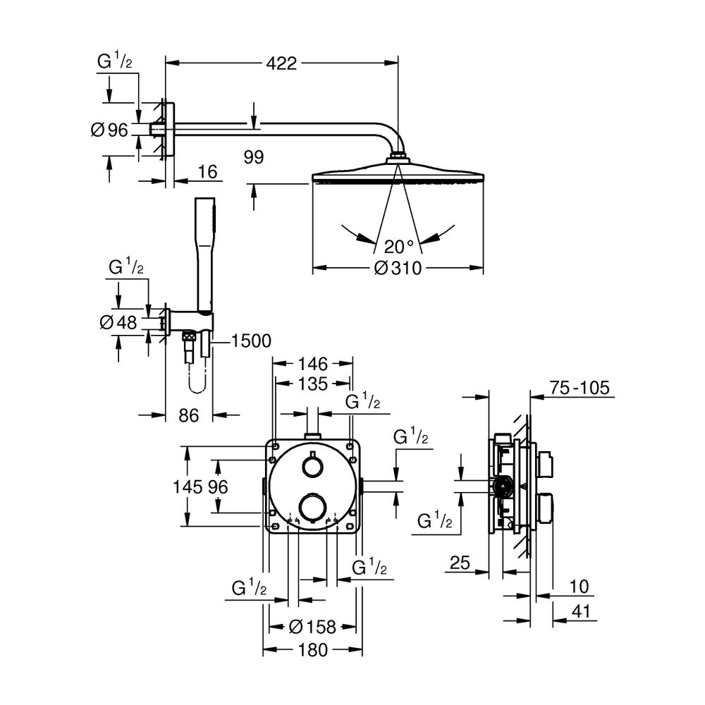 Grohe Precision Thermostat Unterputz Duschsystem Vitalio Rain Mono 310 Einbaubox, Braus... GROHE-34880000 4005176791420 (Abb. 8)