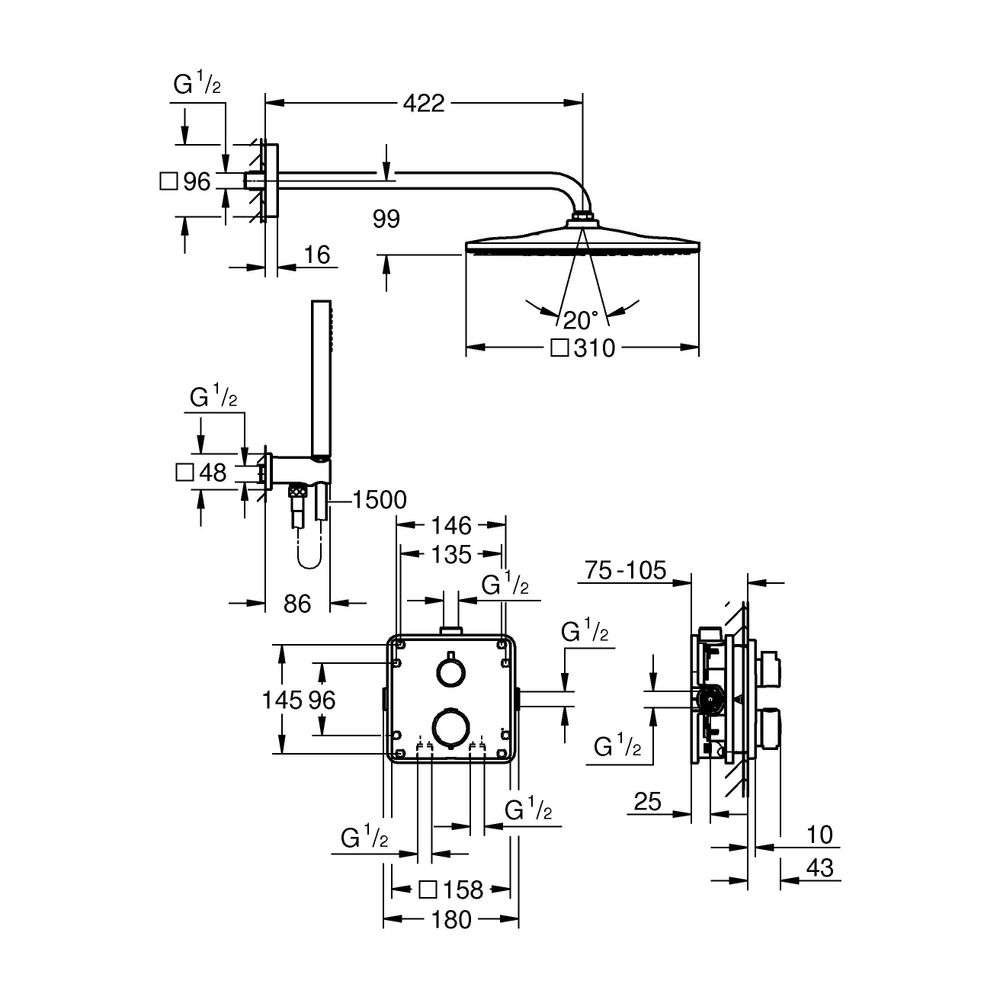 Grohe Precision Thermostat Unterputz Duschsystem Vitalio Rain Mono 310 Cube eckig Kopf-... GROHE-34881000 4005176791437 (Abb. 9)