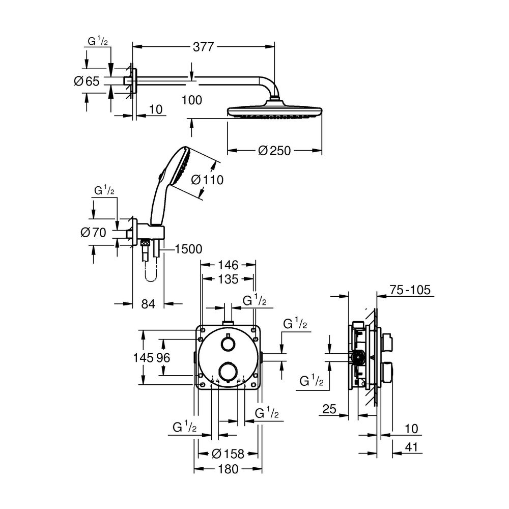 Grohe Precision Thermostat Duschsystem Unterputz Vitalio Start 250 rund Kopfbrausen-Set... GROHE-34883000 4005176791451 (Abb. 5)
