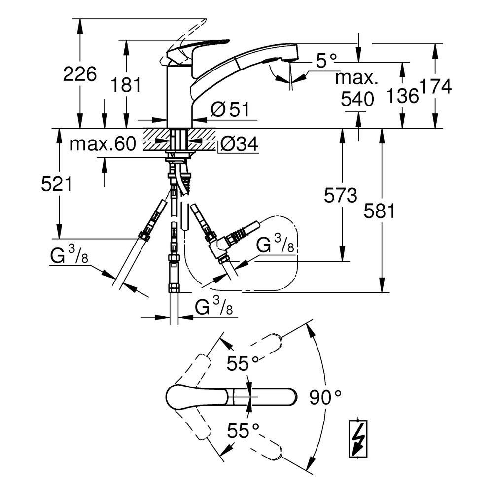 Grohe Eurosmart Einhand-Spültischbatterie, Niederdruck, flacher Auslauf, herausziehba... GROHE-1012310000 4067393002833 (Abb. 3)