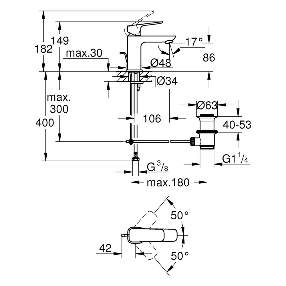 Grohe Cubeo Einhand-Waschtischbatterie S-Size, 1-Loch-Montage, mit Zugstangen-Ablaufg... GROHE-1016950000 4067393014065 (Abb. 3)