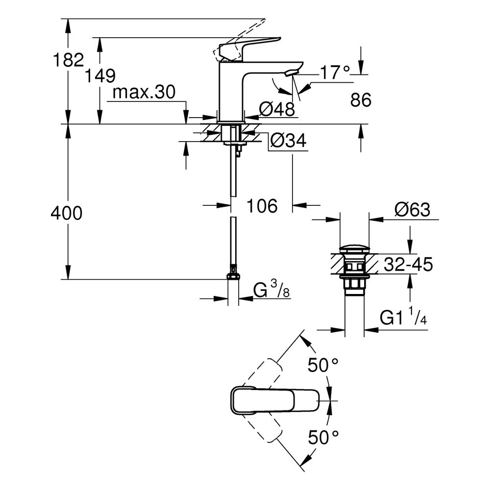 Grohe Cubeo Einhand-Waschtischbatterie S-Size, 1-Loch-Montage, glatter Körper, mit Pu... GROHE-1016960000 4067393014102 (Abb. 3)