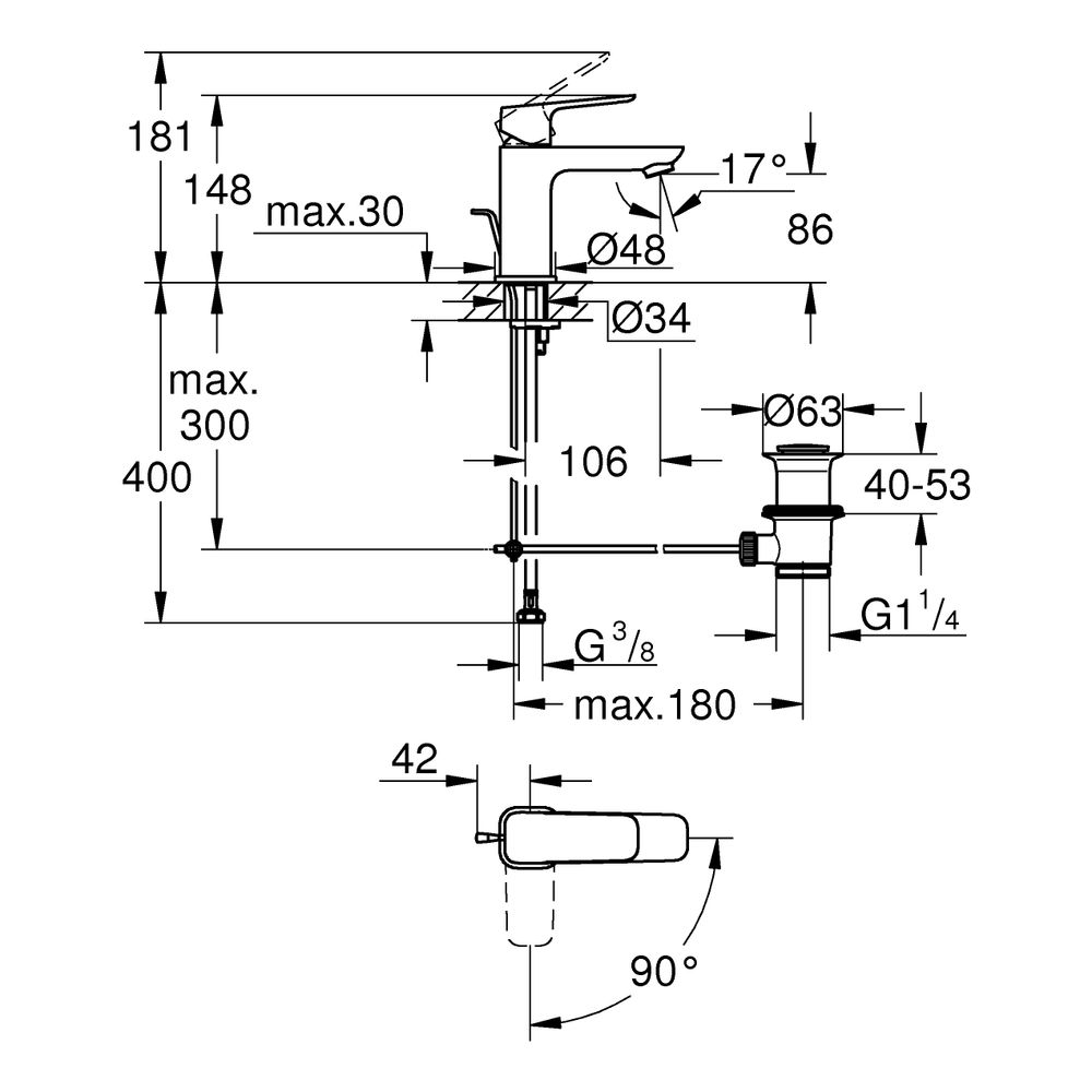 Grohe Cubeo Einhand-Waschtischbatterie S-Size Chrom, Mittelstellung kalt, mit Zugstan... GROHE-1017300000 4067393014201 (Abb. 3)
