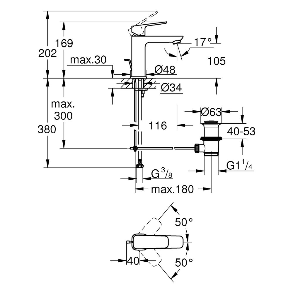 Grohe Cubeo Einhand-Waschtischbatterie M-Size, 1-Loch-Montage, mit Zugstangen-Ablaufg... GROHE-1017512430 4067393013211 (Abb. 3)