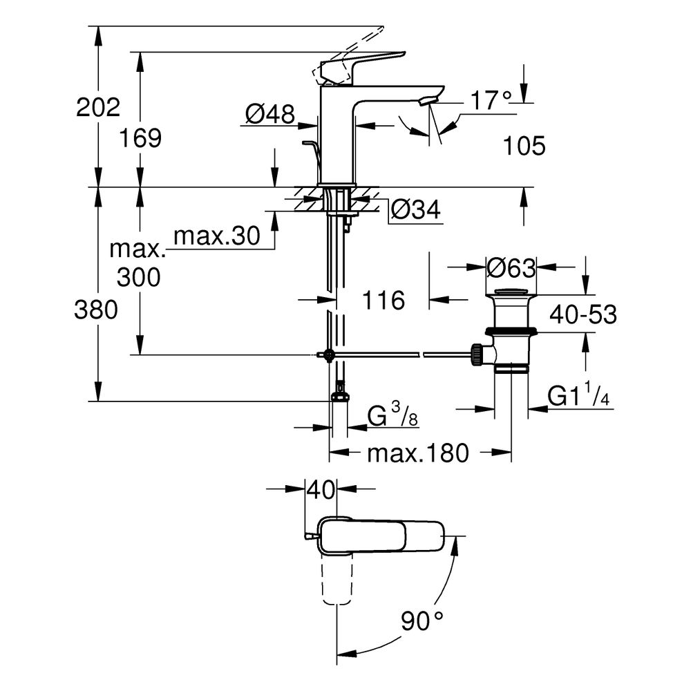 Grohe Cubeo Einhand-Waschtischbatterie M-Size, Einloch, mit Zugstangen-Ablaufgarnitur... GROHE-1017582430 4067393012535 (Abb. 3)