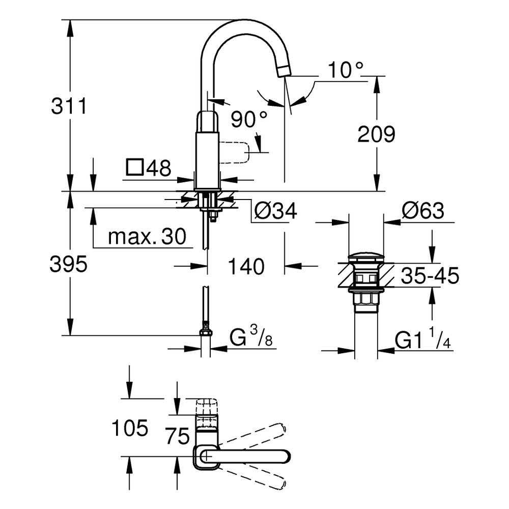 Grohe Cubeo Einhand-Waschtischbatterie L-Size, Einloch, gl. Körper, PO Ablaufgarn., M... GROHE-1017712430 4067393012733 (Abb. 3)