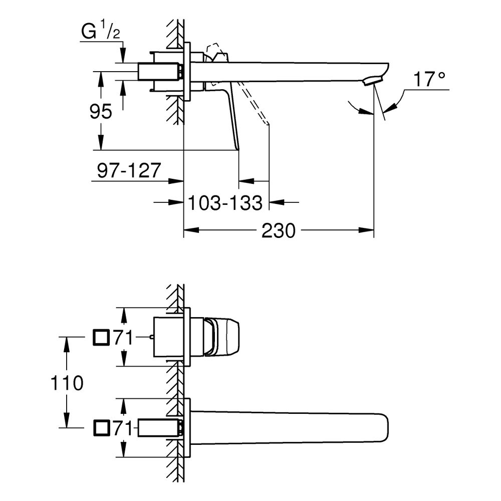 Grohe Cubeo 2-Loch-Waschtischbatterie, Wandmontage, Fertigmontageset, Ausladung 230mm... GROHE-1017890000 4067393011972 (Abb. 3)