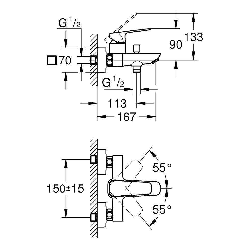 Grohe Cubeo Einhand-Wannenbatterie Mattschwarz, Wandmontage mit S-Anschlüssen und Wan... GROHE-1018132430 4067393011606 (Abb. 3)