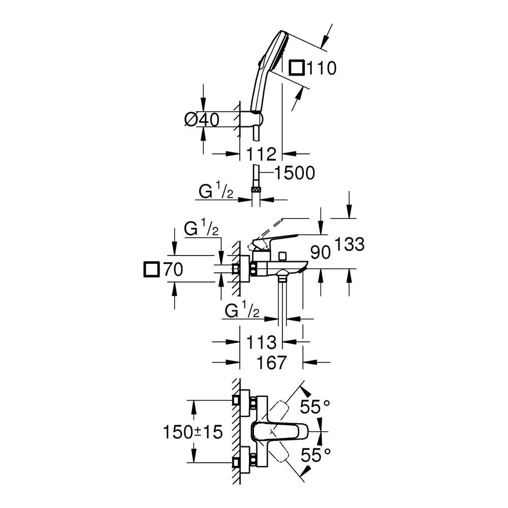 Grohe Cubeo Einhand-Wannenbatterie Chrom, Wandmontage mit Tempesta 110 Cube Wandhalte... GROHE-1018140000 4067393011637 (Abb. 3)
