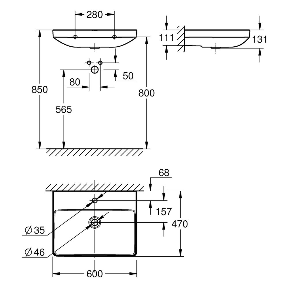 Grohe Waschtisch Euro Keramik, wandhängend, 600x470mm, 1 Hahnloch ohne Überlauf, Alpi... GROHE-102418SH00 4067393034513 (Abb. 3)