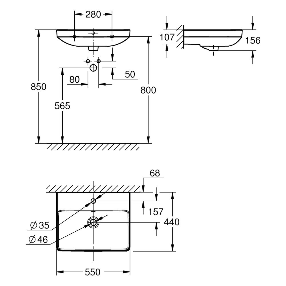 Grohe Waschtisch Euro Keramik, wandhängend, 550x440mm, 1 Hahnloch, mit Überlauf, Hype... GROHE-102430SH00 4067393034520 (Abb. 3)