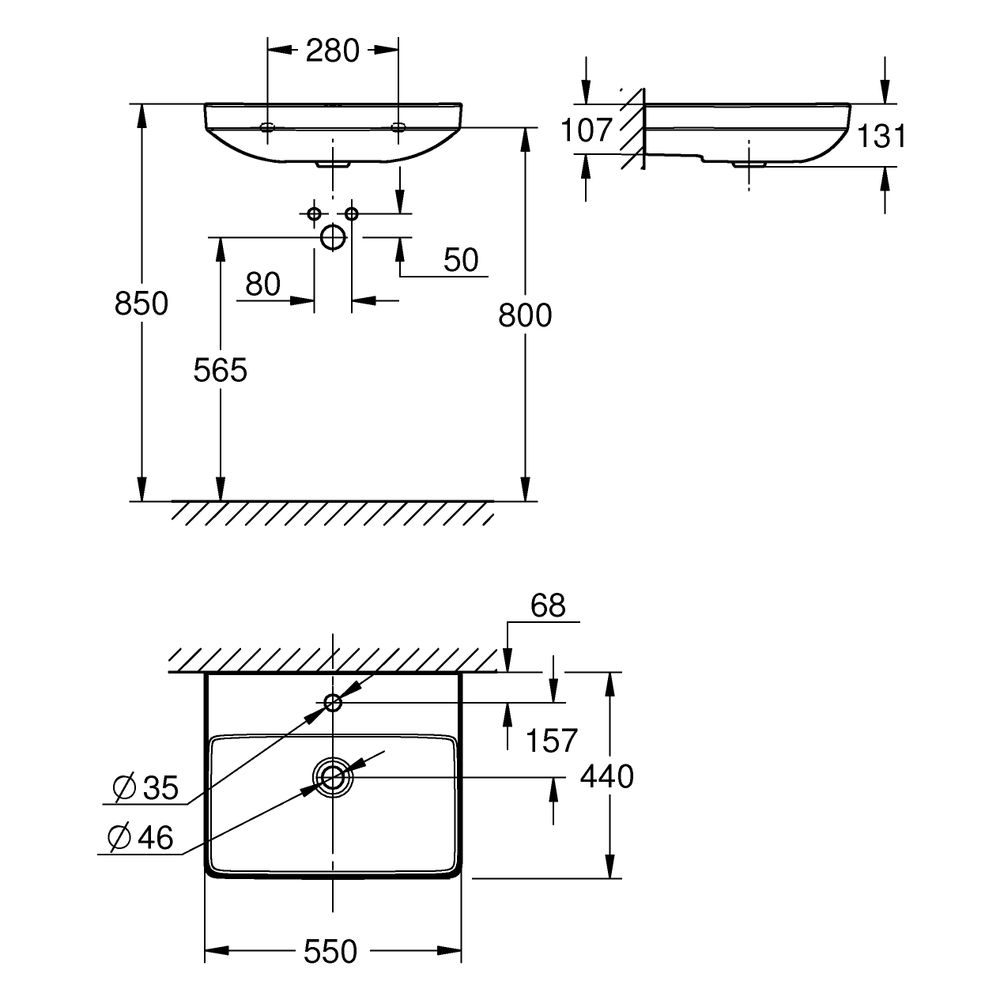 Grohe Waschtisch Euro Keramik, wandhängend, 550x440mm, 1 Hahnloch, ohne Überlauf, Hyp... GROHE-102433SH00 4067393034551 (Abb. 3)