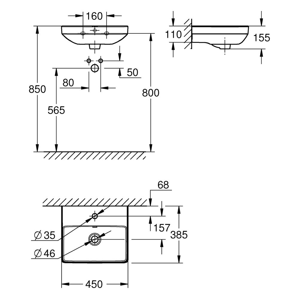 Grohe Euro Keramik Handwaschbecken, wandhängend, 450x385mm, 1 Hahnloch, mit Überlauf,... GROHE-102435SH00 4067393034575 (Abb. 3)