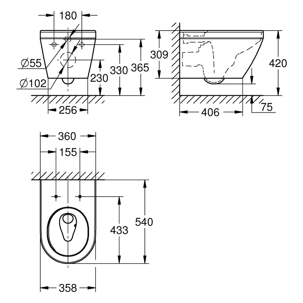 Grohe Wand-Tiefspül-WC Euro Keramik, Abgang waagerecht, Alpinweiß, 102485SH00... GROHE-102485SH00 4067393021971 (Abb. 3)