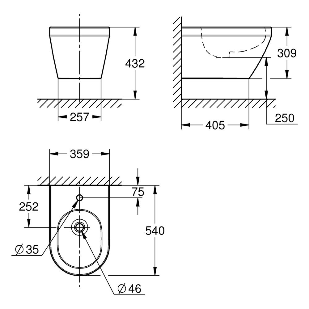 Grohe Wandbidet Euro Keramik, 1 Hahnloch, mit Überlauf, Alpinweiß, 102487SH00... GROHE-102487SH00 4067393021995 (Abb. 3)