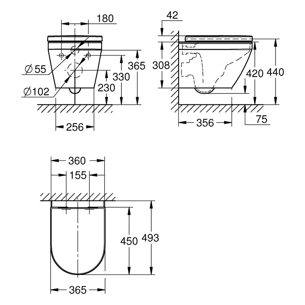 Grohe Wand-Tiefspül-WC kompakt Set Euro Keramik mit WC-Sitz, Alpinweiß, 102509SH00... GROHE-102509SH00 4067393027157 (Abb. 3)