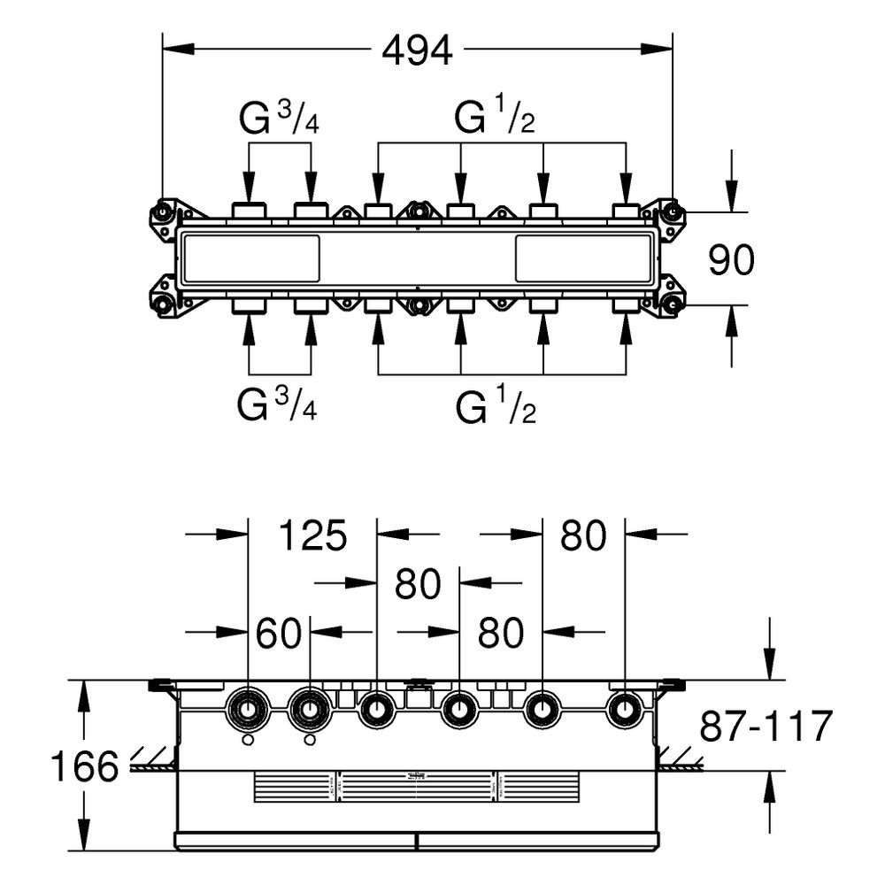 Grohe Grohtherm Aqua Tiles Unterputz-Thermostat-Einbaukörper, 4 Ventile, Abgänge 1/2"... GROHE-1068810000 4067393073253 (Abb. 3)