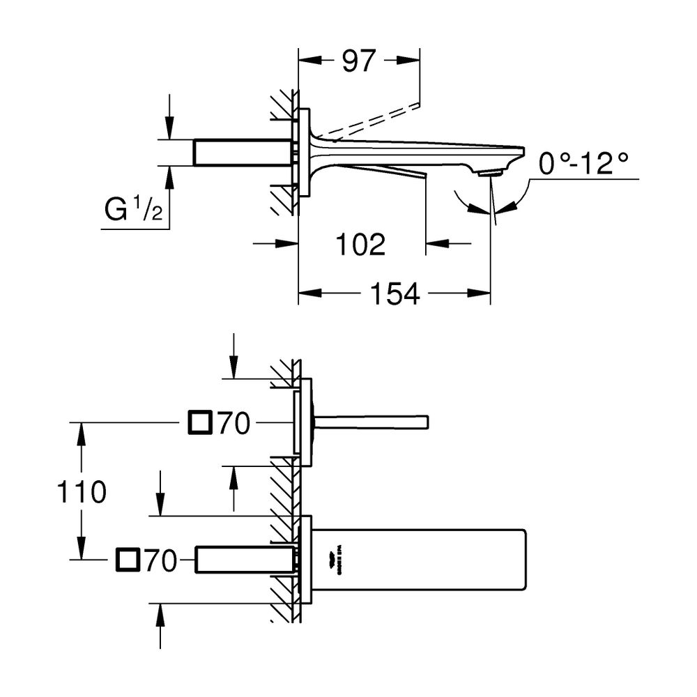 Grohe Allure 2-Loch-Waschtisch-Wandbatterie Supersteel, Ausladung 154mm, Stichmaß 110mm... GROHE-19309DC2 4005176954108 (Abb. 3)