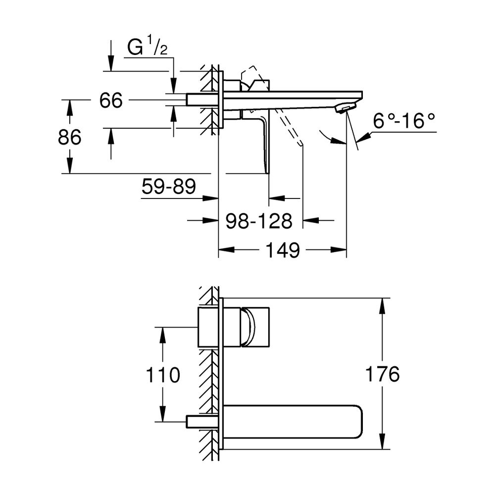 Grohe Lineare 2-Loch-Waschtischbatterie, Wandmontage, Fertigmontageset, 149mm Ausladung... GROHE-19409AL1 4005176586170 (Abb. 5)
