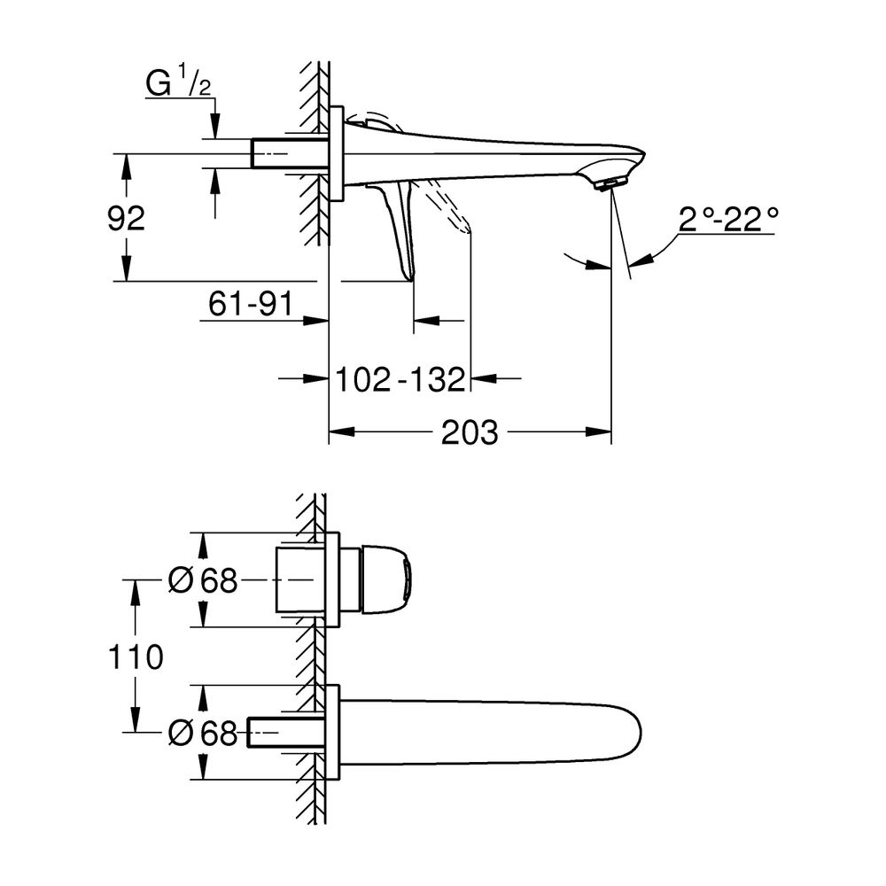 Grohe Eurostyle 2-Loch-Waschtischbatterie Wandmontage, Einhand, 203mm Ausladung, offene... GROHE-19571003 4005176334269 (Abb. 7)
