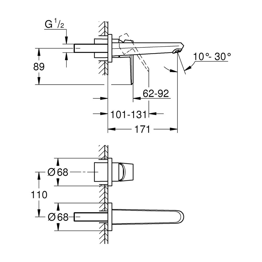 Grohe Eurocube 2-Loch-Waschtischbatterie, Wandmontage, Fertigmontageset, 231mm Ausladun... GROHE-19573002 4005176887659 (Abb. 9)