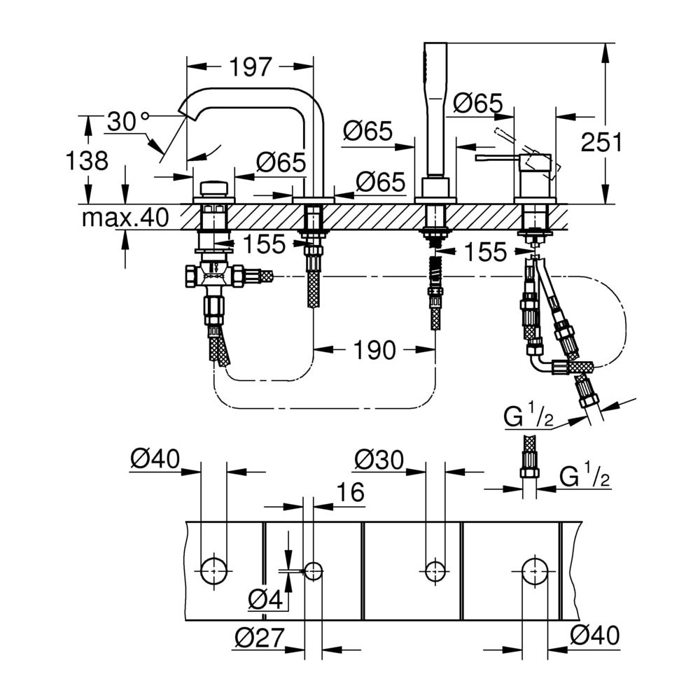 Grohe Essence 4-Loch-Einhand-Wannenkombination mit Sena Stick Handbrause, mit Temperatu... GROHE-19578DL1 4005176426506 (Abb. 3)