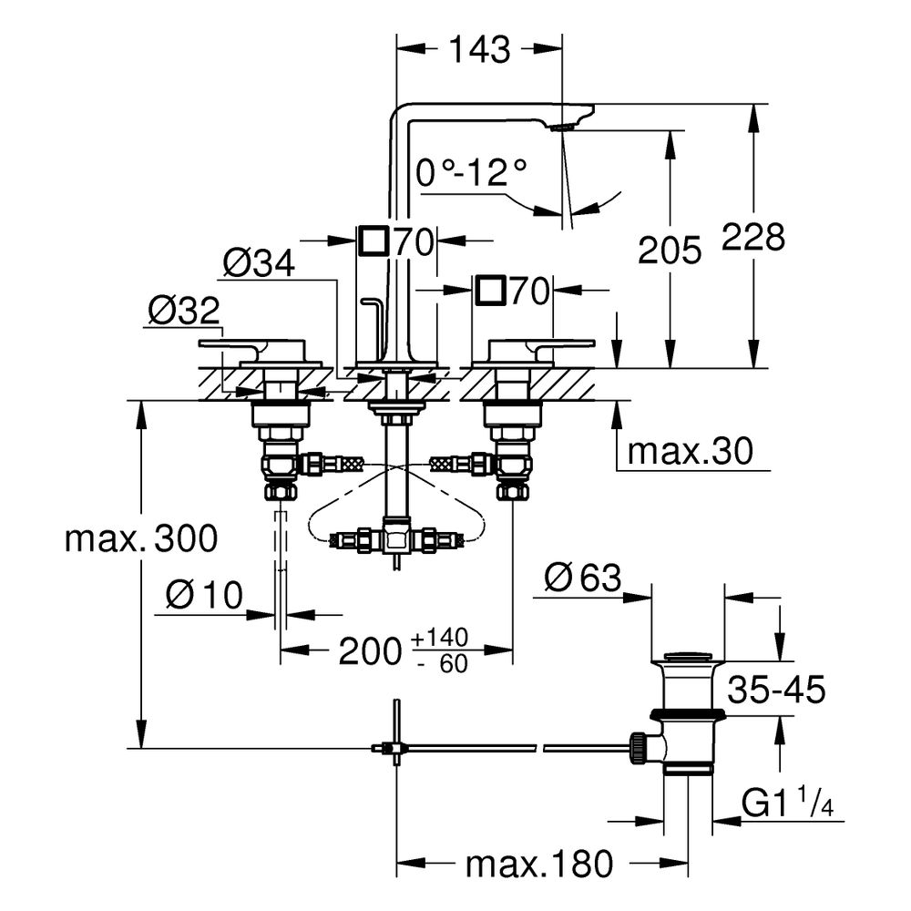 Grohe Allure 3-Loch-Waschtischbatterie, Standmontage, Ausladung 143mm, Zugstangen-Ablau... GROHE-20188KF1 4067393056300 (Abb. 3)
