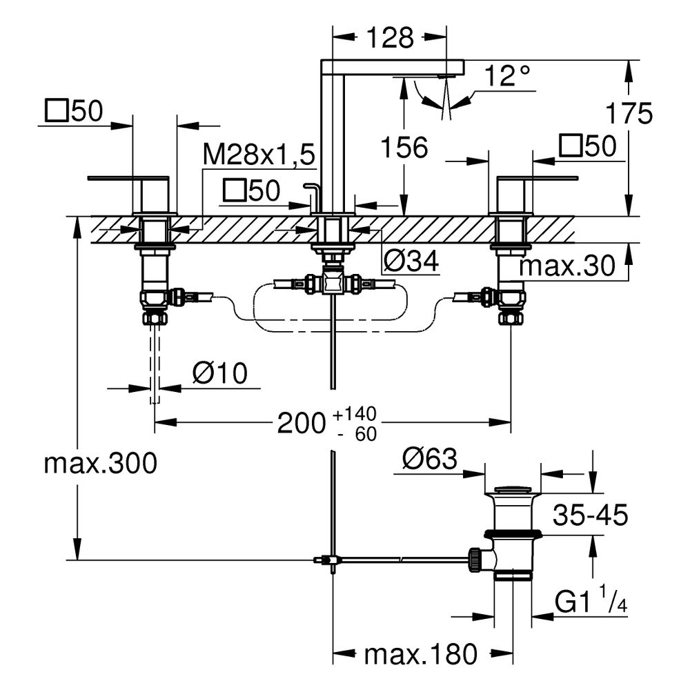 Grohe Plus 3-Loch-Waschtischbatterie Standmontage Zweigriff, mit Zugstangen-Ablaufgarni... GROHE-20301GN4 4067393079705 (Abb. 3)